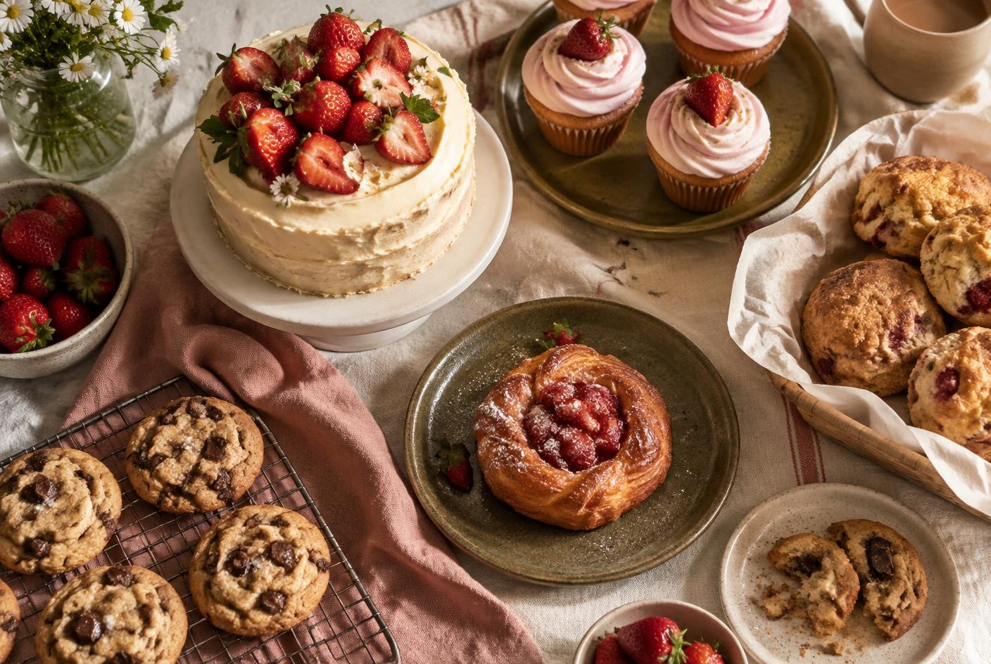 Assortment of handmade baked goods styled on linen