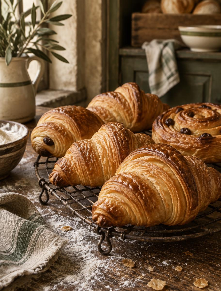 Flaky golden pastries cooling on a vintage rack